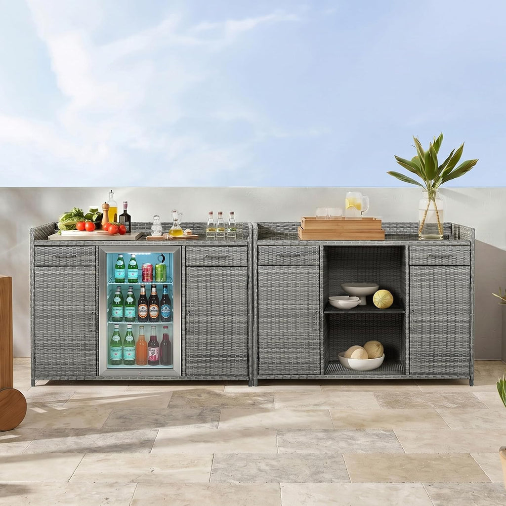 53.5' W Outdoor Wicker Storage Cabinet with Fridge Space, Weatherproof Patio Mini Fridge Bar Cabinet with Adjustable Shelves & Drawers for Outdoor Pool, Towel Storage, Garden, Kitchen, Grey