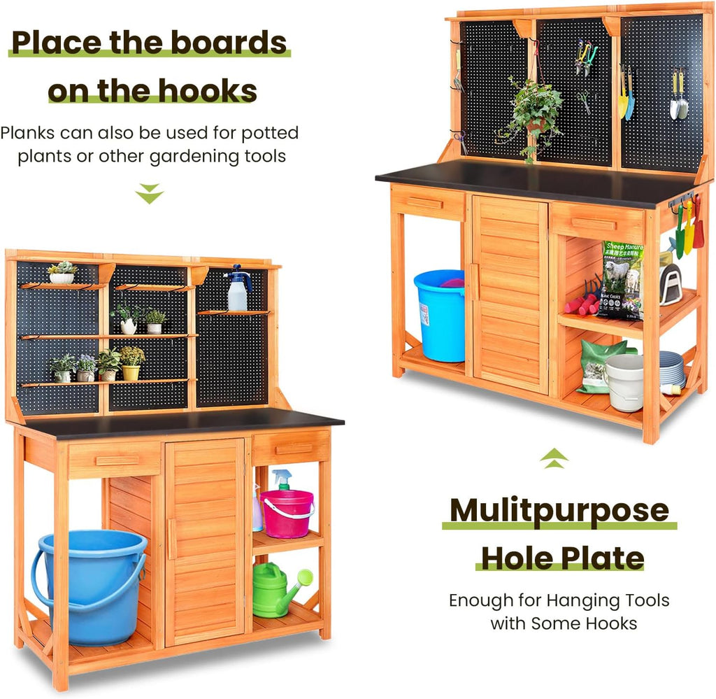 Agitree Outdoor Garden Potting Bench, Horticultural Wooden Workstation Table with Storage Drawer, Cabinet, Metal Pegboard, Adjustable Hooks and Shelves for Backyard, Patio, Greenhouse