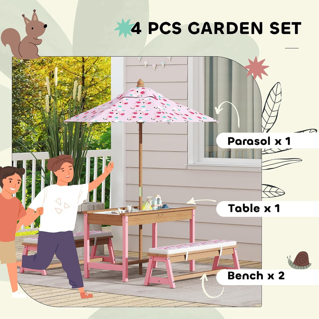 Qaba Kids Picnic Table, Wooden Table and Bench Set with Foldable Umbrella, Removable Cushions & Boxes, Flamingo Theme Children Activity Table Outdoor Furniture for Patio, Pink
