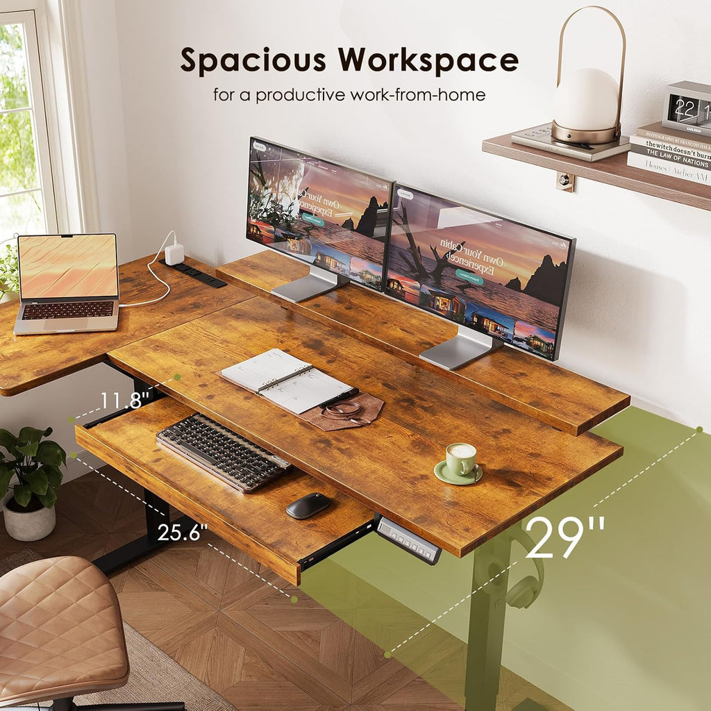 OffiGo 63 Inch Electric L Shaped Standing Desk with Keyboard Tray, Reversible Height Adjustable Corner Computer Desk with Monitor Stand, Sit Stand Up Lift Table for Home, Office, Rustic Brown