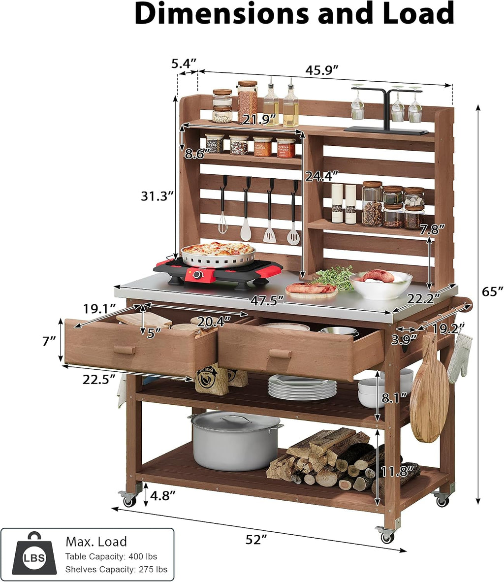 64.9'H Outdoor Potting Bench Table, Outdoor Wood Workstation Table with Lockable Wheels, Stainless Steel Top, Towel Rack, Solid Wood Outdoor Kitchen Island with Upper Hutch for Grilling, Lawn Garden