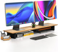 COREMINDED Solid Wood Dual Monitor Stand Riser – 42' Oak Desk Shelf for 2 Monitors with Tray & Wool Felt, Organizer for Desktop, Laptop and Office (Solid Oak)