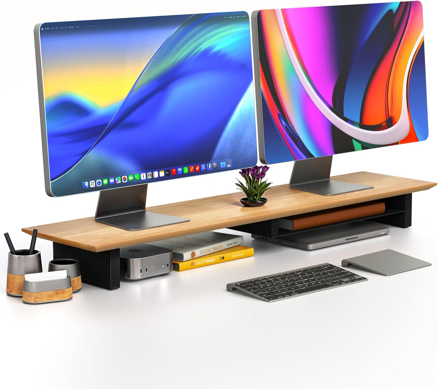 COREMINDED Solid Wood Dual Monitor Stand Riser – 42' Oak Desk Shelf for 2 Monitors with Tray & Wool Felt, Organizer for Desktop, Laptop and Office (Solid Oak)
