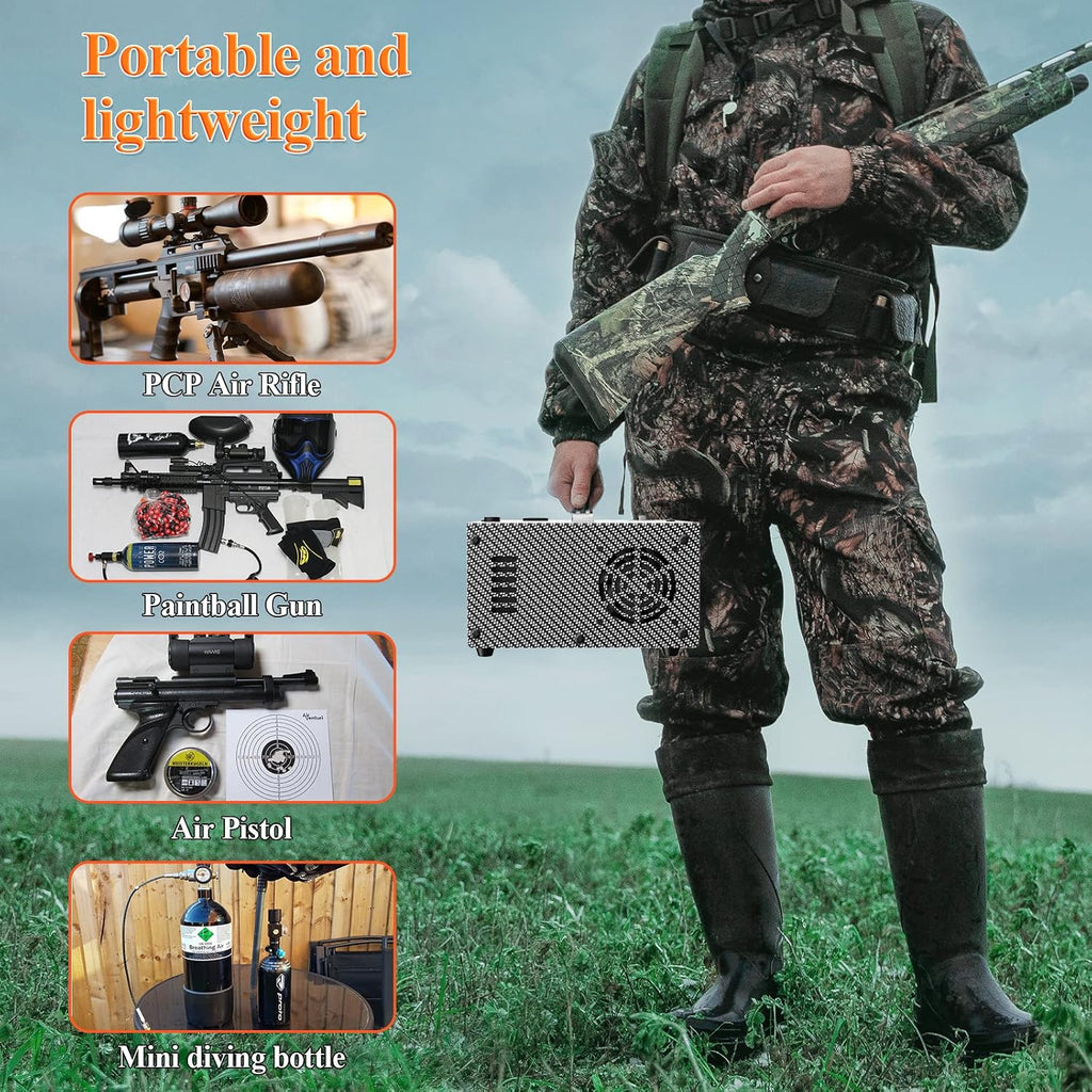 GX PUMP PCP Air Compressor CS1-I with Built-in Power Apdater,Auto Stop,Oil & Water-Free,4500Psi/30Mpa,Powered by 110V /220V AC or 12V DC,PCP Compressor Pump for Air Gun and Paintball/Scuba Tank
