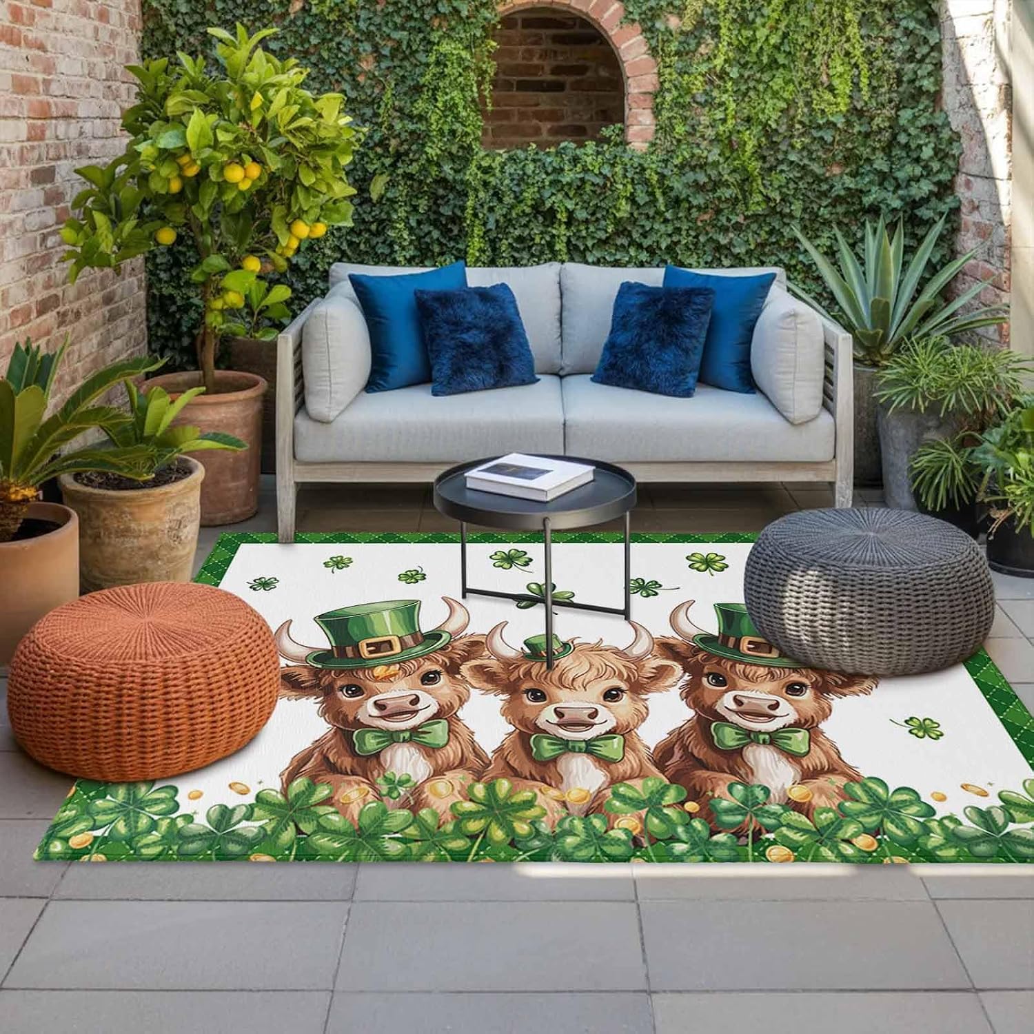 St. Patrick's Day Outdoor Rug for Patio/Deck/Porch, Non-Slip Large Area Rug 4 x 6 Ft, Cute Highland Cow Shamrock Gold Coin Green Indoor Outdoor Rugs Washable Area Rugs, Camping Rug Carpet Runner