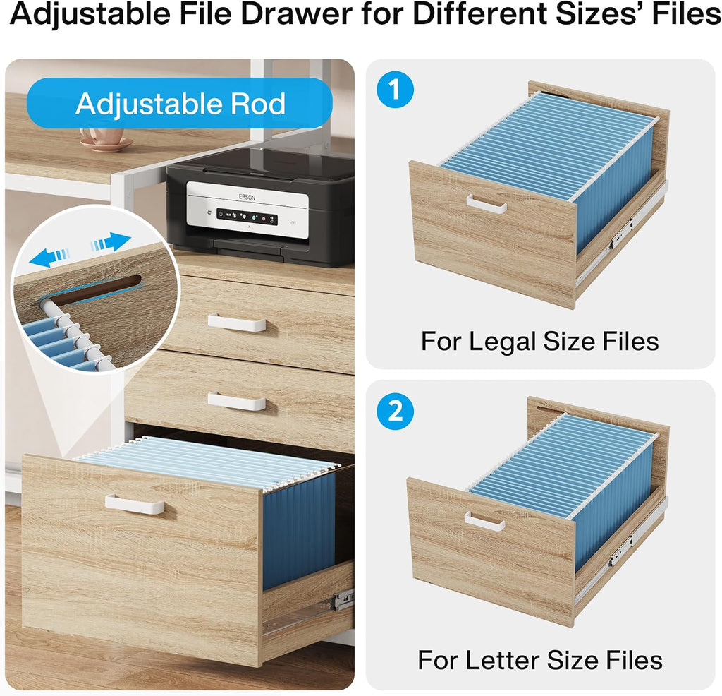 LITTLE TREE 63 Inch Computer Desk with File Drawer Cabinet, Home Office Desks with Ergonomic Monitor Stand