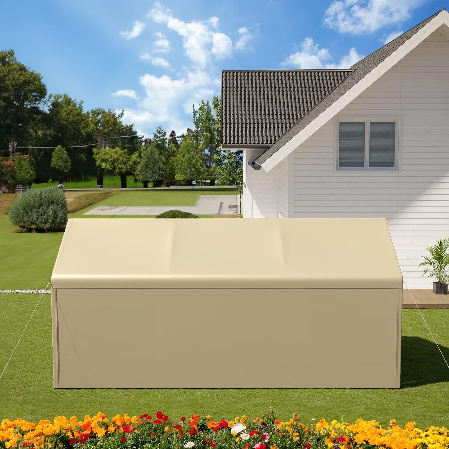 10x20 FT Heavy Duty Carport Car Tent Car Canopy Storage Shed, Portable Garage with Removable Sidewalls & Doors All-Season Tarp for Car,Truck,SUV,Party Beige