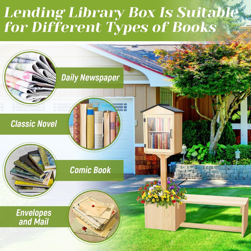 Wonderjune Little Library Box Outdoor with Bench & Planter DIY Paintable Lending Free Library Solid Pine Wood Neighborhood Share Box Ground Mount Kit for Yard Garden Community School(Wood)