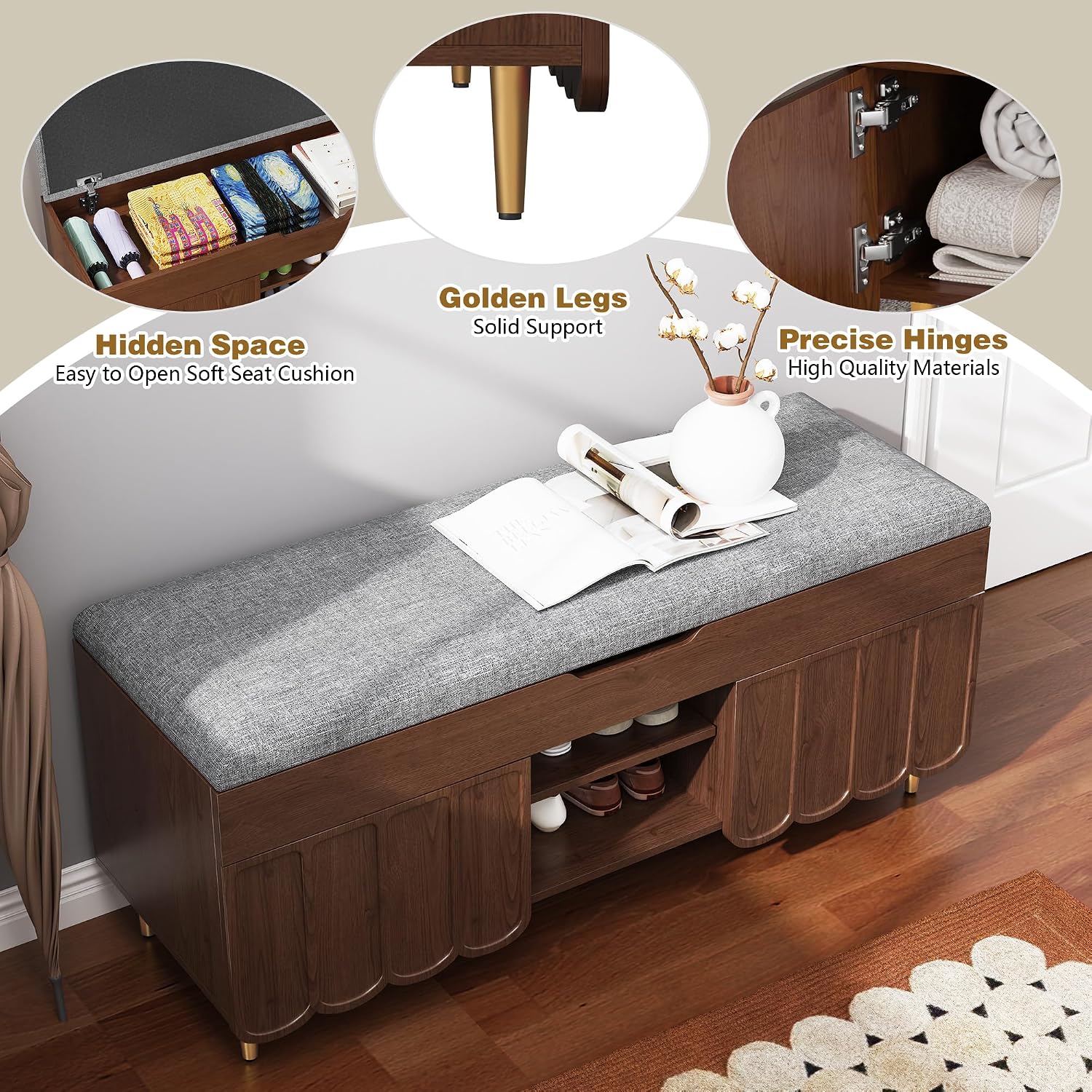 3More 40' Entryway Shoe Storage Bench,Upholstered Hidden Space Beneath Seat Cushion Bench,2-Tier Unique Geometric Shape with Wood Grain,Walnut