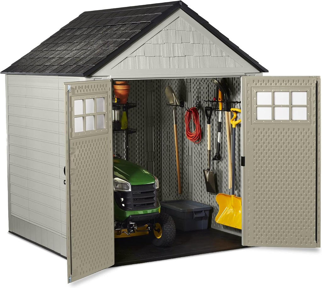 Rubbermaid 7 by 7 Feet Durable Weatherproof Plastic Outdoor Storage Shed for Garden Tool and Lawn Machinery Organization, Sandstone, 2 Pack