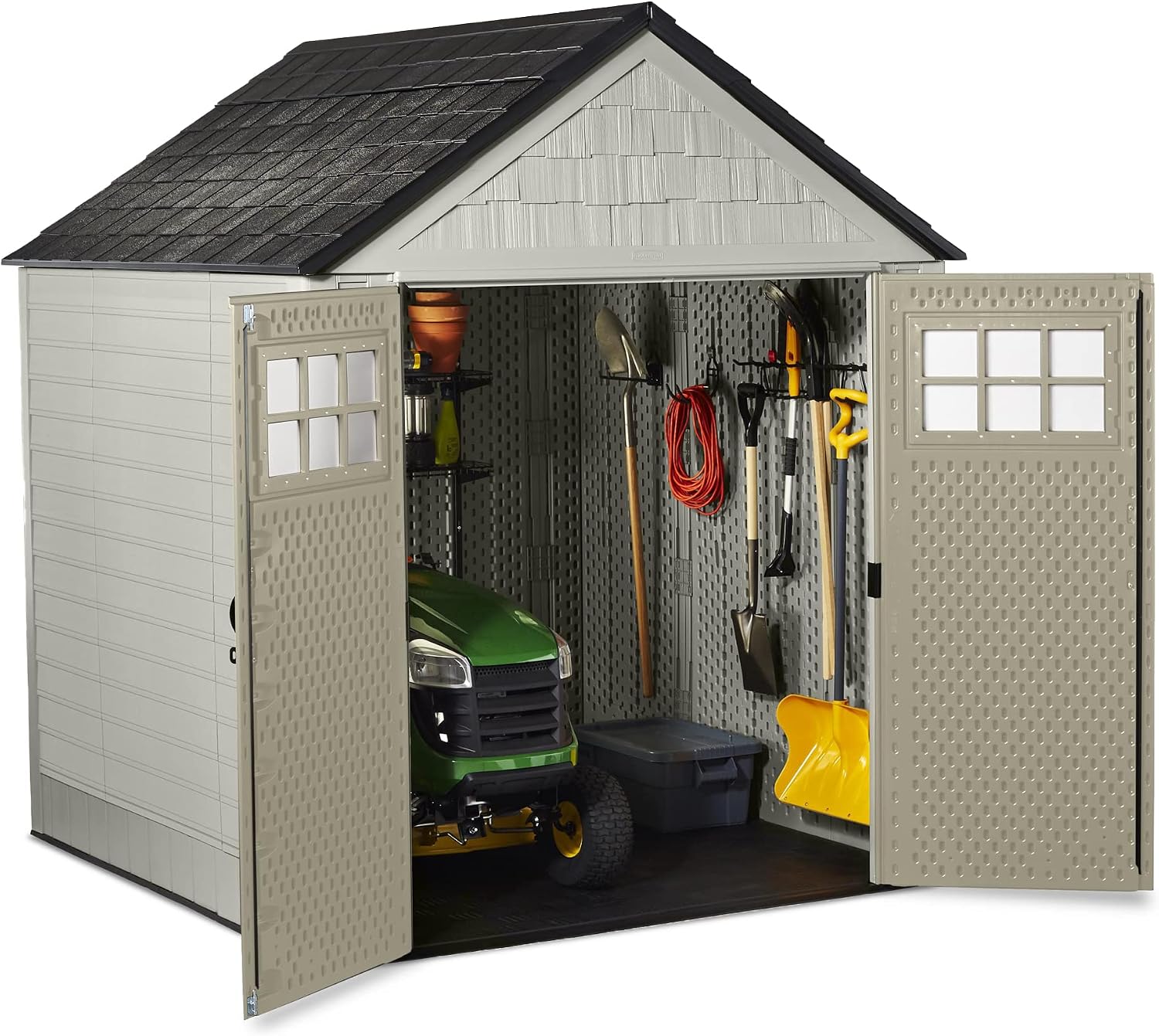 Rubbermaid 7 by 7 Feet Durable Weatherproof Plastic Outdoor Storage Shed for Garden Tool and Lawn Machinery Organization, Sandstone, 2 Pack