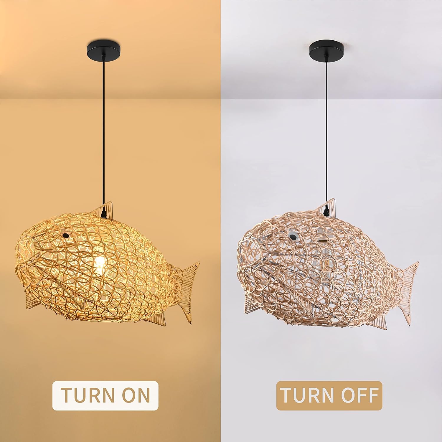 24 inch Fish-Shaped Rattan Woven Pendant Light Boho Chandelier Rustic Farmhouse Chandelier Rattan Light Fixture for Dining Room Living Room Bedroom Kitchen Foyer(Bulb Included)