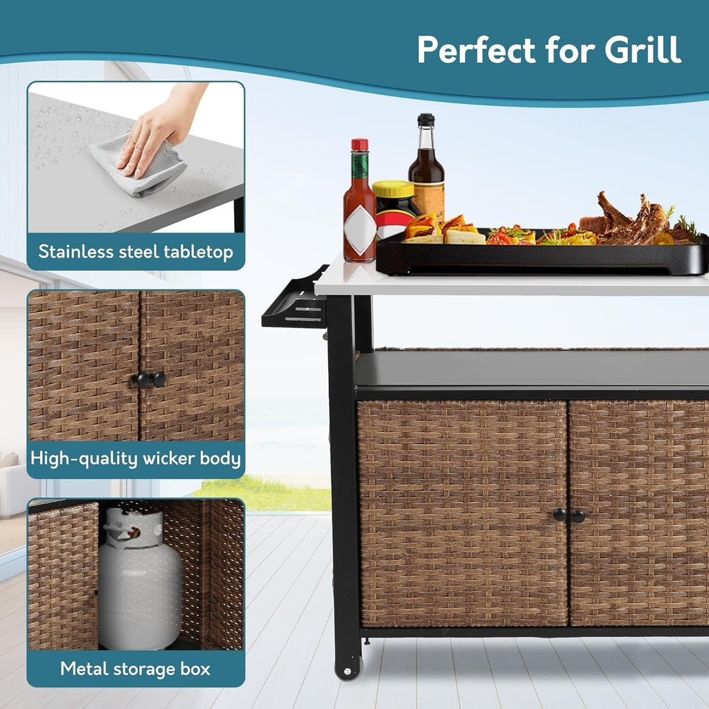 47.2' Grill Cart Outdoor with Wheels, Outdoor Prep Table with Wicker Storage and Rolling Wheels, Kitchen Island Serving Cart with Stainless Steel Table Top for BBQ, Porch, Patio, Brown