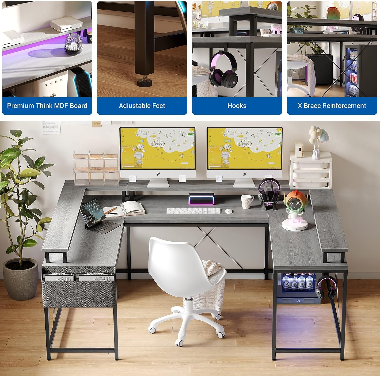 U Shaped Gaming Desk, 79' Reversible U Shaped Desk with Power Outlets, LED Lights, Monitor Stand & Storage Shelves, Corner Office Desk for Home Office, Gaming, Workstation (Grey Oak)