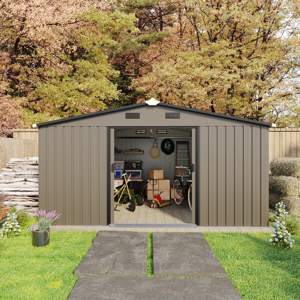 10x12 FT Outdoor Storage Shed with Floor Included and Two Daylight Windows, Large Metal Garden Shed for Backyard Organization (Brown)