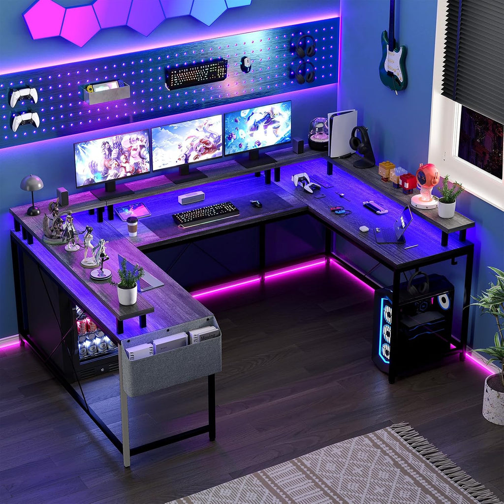 79 Inch u Shaped Desk with Power Outlets, LED Strip & Monitor Stand, Large Corner Computer Desk with Monitor Stand & with Storage Shelves for Home Office