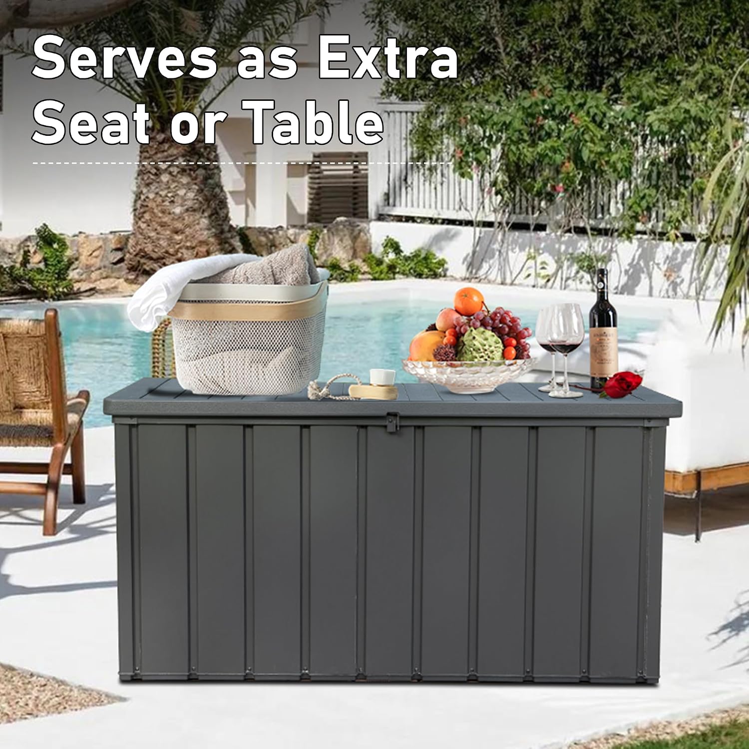 Domi Deck Box Outdoor Storage Box 120 Gallon, Large Metal Storage Cabinet with Resin Lid, Waterproof Lockable Patio Storage Box for Cushions Garden Tools Pool-Supplies, Dark Grey