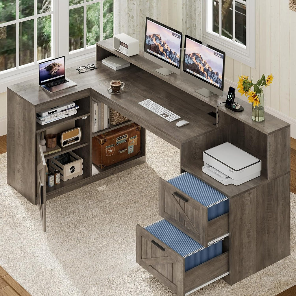 TVU Farmhouse L Shaped Desk with Drawers, 62.2' Home Office Desk with Storage Shelves and Power Outlet, L Shaped Computer Desk with Monitor Stand and Printer Shelf, Gray