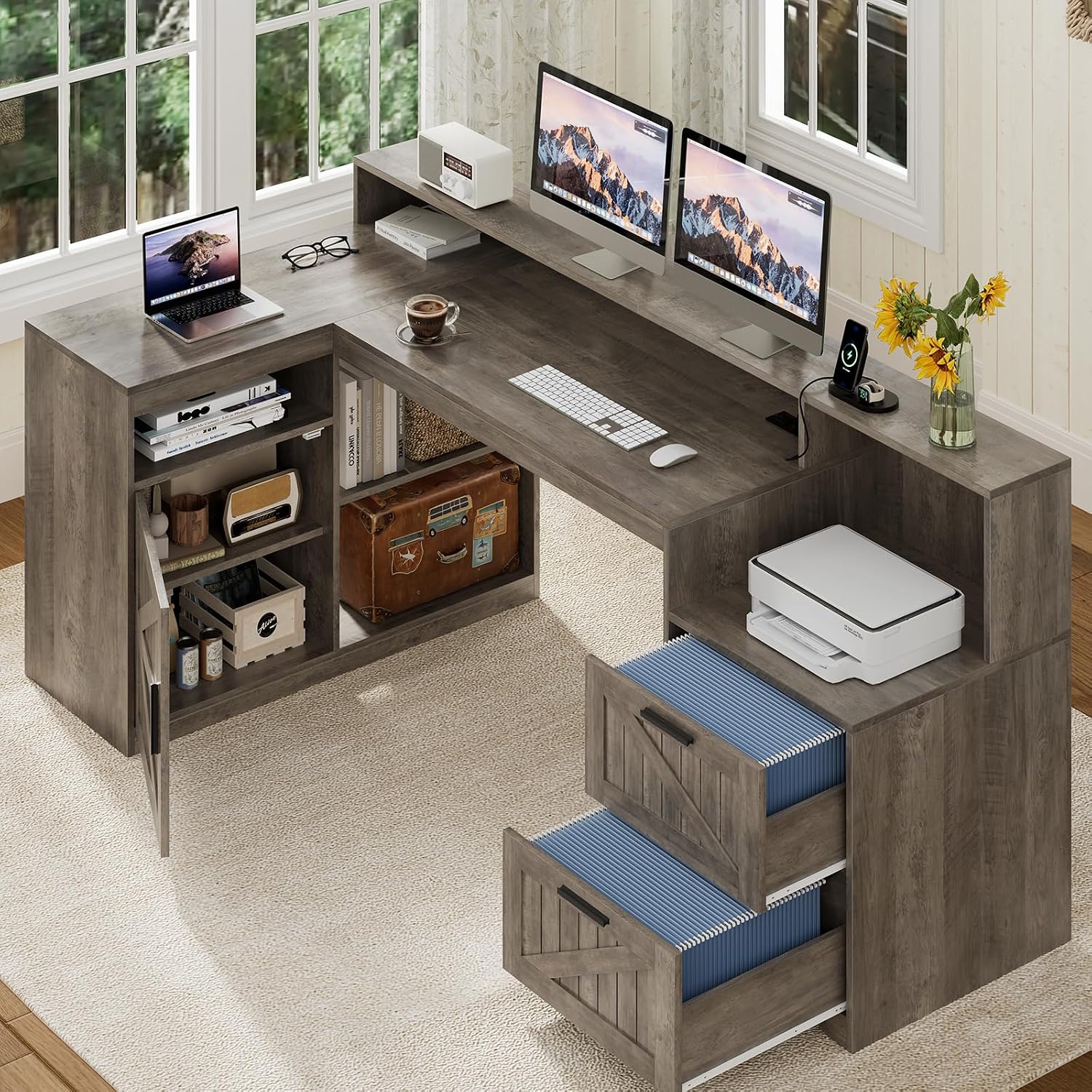 TVU Farmhouse L Shaped Desk with Drawers, 62.2' Home Office Desk with Storage Shelves and Power Outlet, L Shaped Computer Desk with Monitor Stand and Printer Shelf, Gray