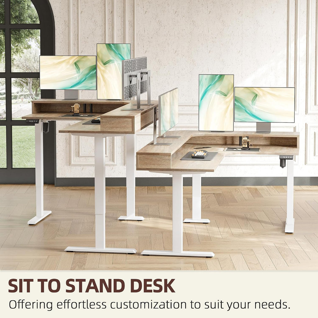 TIQLAB 63'' L-Shaped Standing Desk with LED Light Strip and Power Outlet, Height Adjustable Corner Table with Ergonomic Monitor Stand, Maple