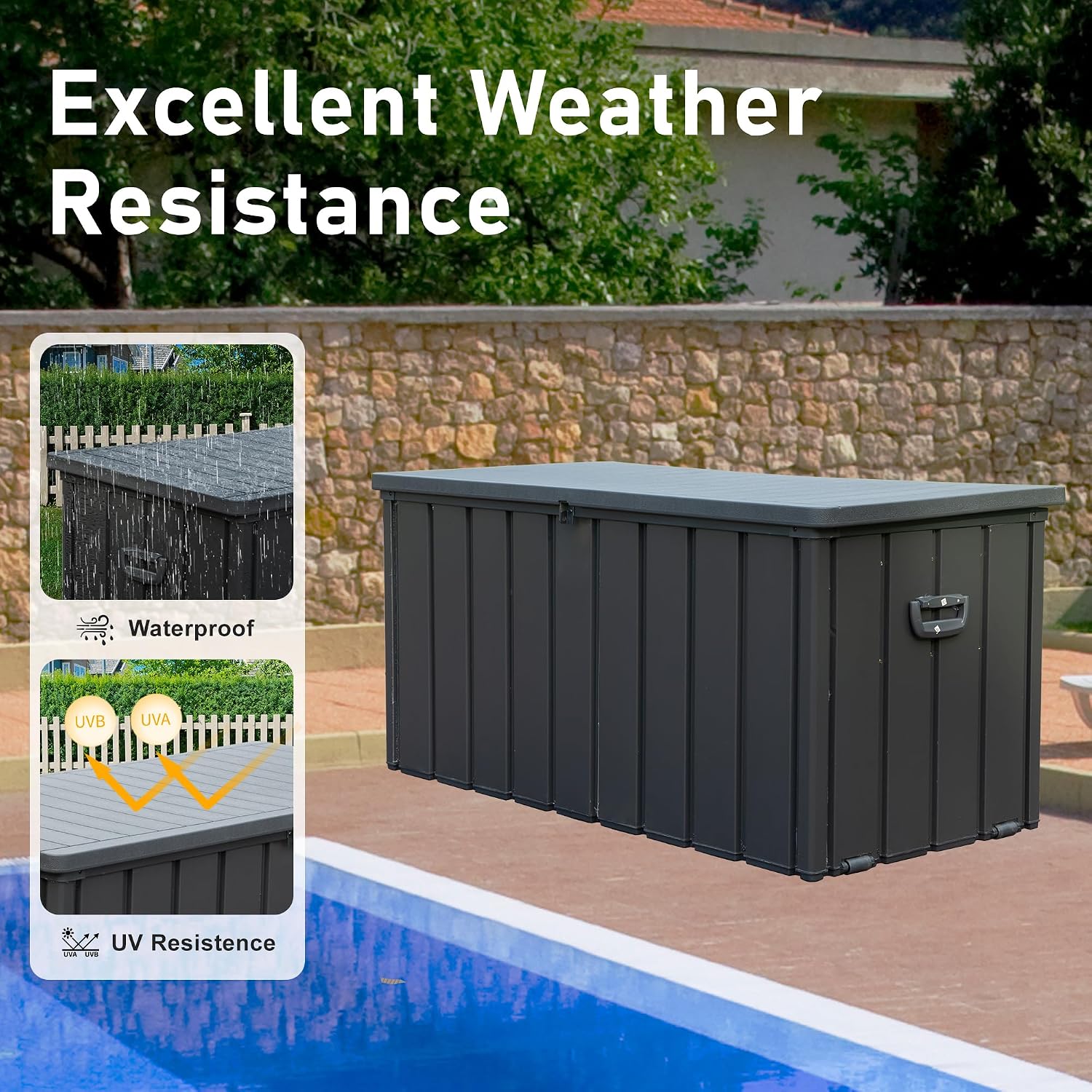 Domi Deck Box Outdoor Storage Box 120 Gallon, Large Metal Storage Cabinet with Resin Lid, Waterproof Lockable Patio Storage Box for Cushions Garden Tools Pool-Supplies, Dark Grey
