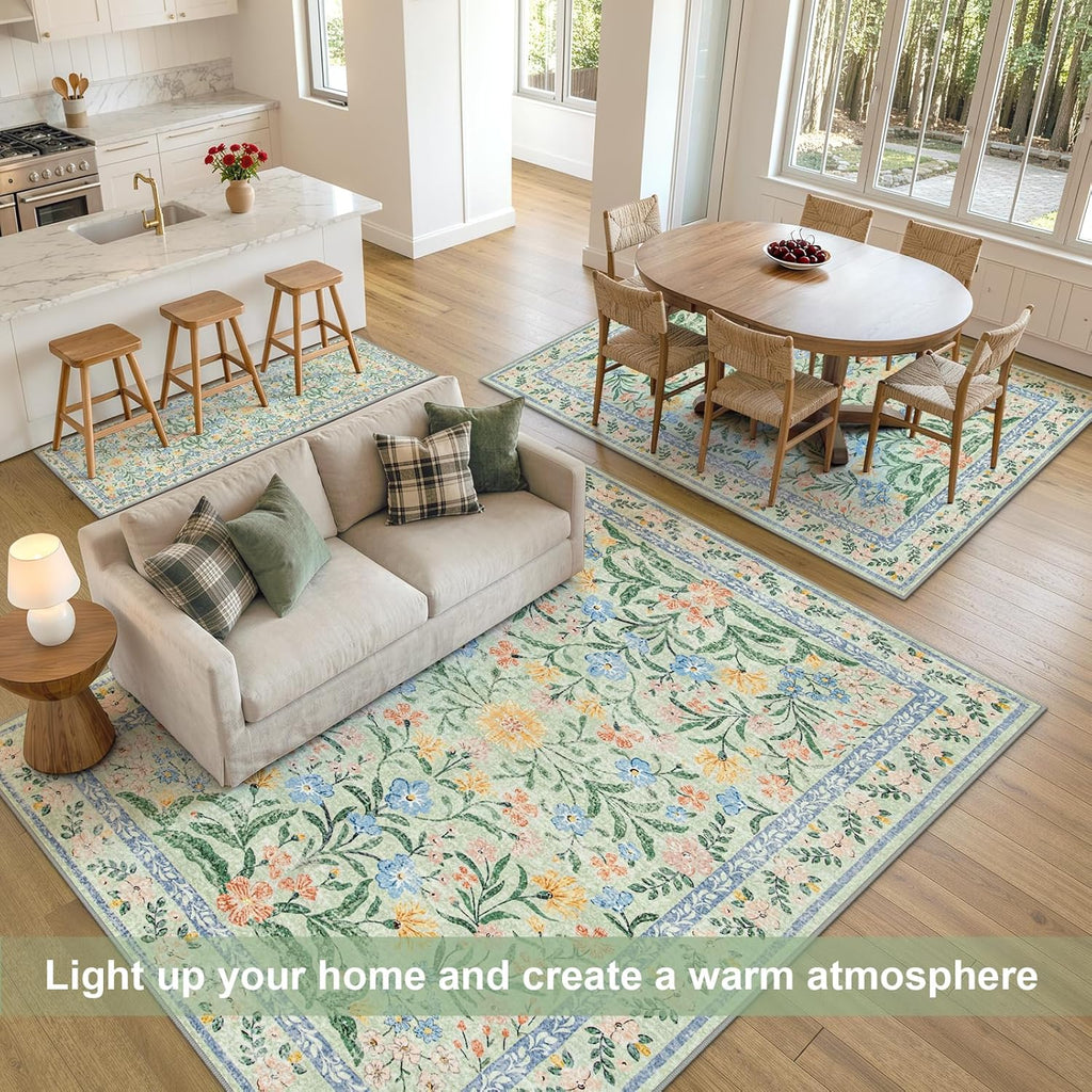 Morebes Washable Area Rugs for Bedroom 9x12, Boho Floral Rugs for Living Room Non Slip, Soft Thin Distressed Cottage Core Carpet for Nursery Girls Room Dinning Room Kids Playroom