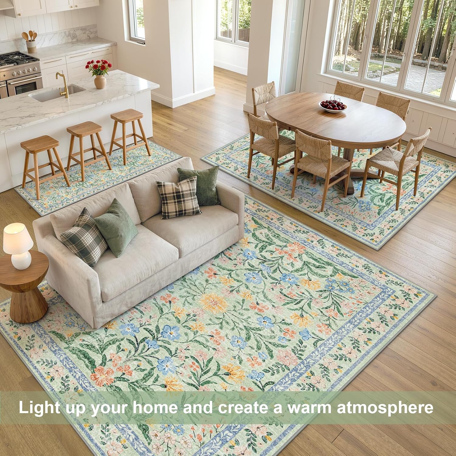 Morebes Washable Area Rugs for Bedroom 9x12, Boho Floral Rugs for Living Room Non Slip, Soft Thin Distressed Cottage Core Carpet for Nursery Girls Room Dinning Room Kids Playroom