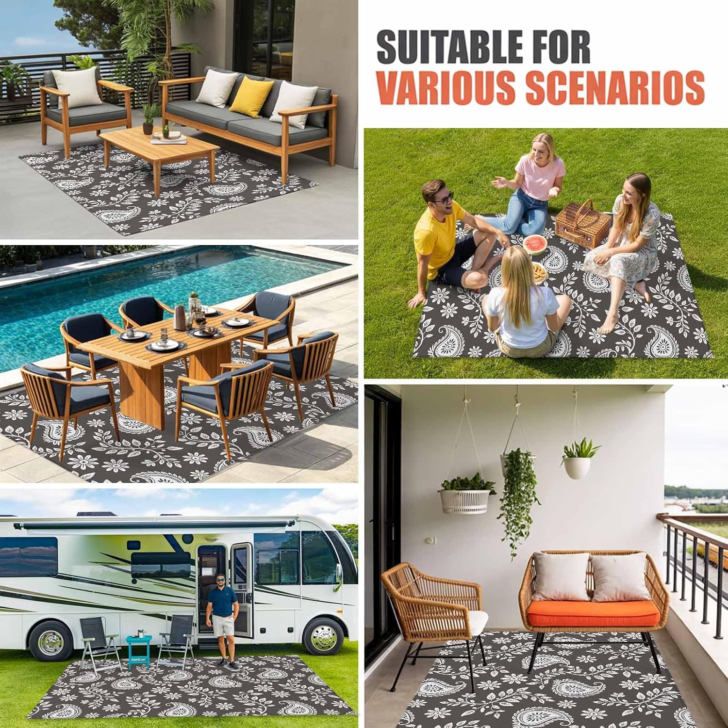 Grey Paisley Outdoor Rug for Patio/Deck/Porch, Non-Slip Large Area Rug 5 x 7 Ft, Ethnic Vintage Floral Botanical Abstract Indoor Outdoor Rugs Washable Area Rugs, Reversible Camping Rug Carpet Runner