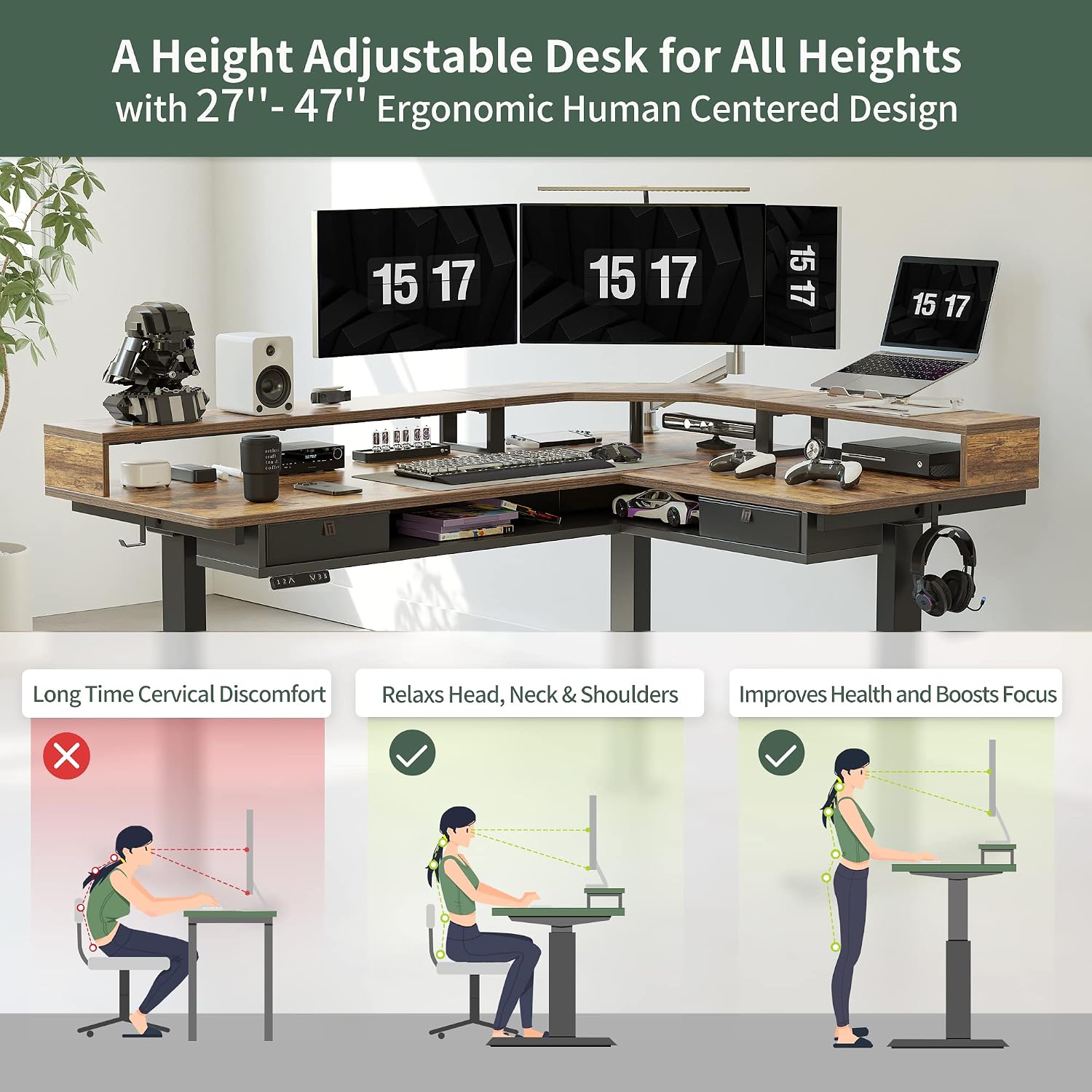 FEZIBO 63'x49' L Shaped Standing Desk with LED Strip & 2 Drawers, Upper and Lower Storage Shelves Available, Electric Height Adjustable, for Gaming, Office, Rustic Brown（2 Packages）