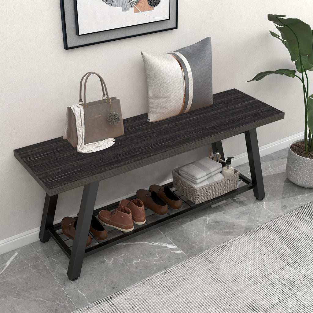 Oastreeful Industrial Entryway Bench Rustic Wood and Metal Storage Bench for Indoor Living Dining Room Bedroom Long Shoe Benches Seat (Charcoal Black)