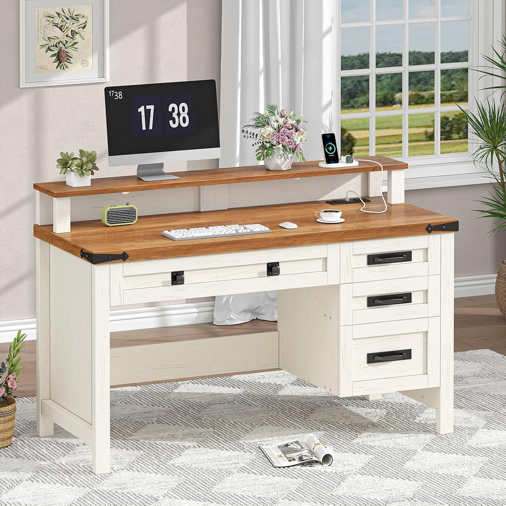 YOMILUVE Farmhouse Executive Desk with Drawers, 47' Computer Desk with Power Outlets, Home Office Desk with Monitor Stand & 4 Drawers, Small Desk Writing Study Table, Antique White