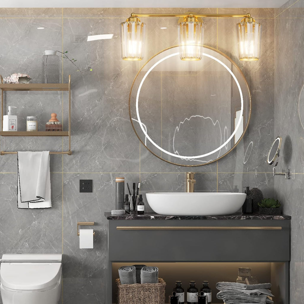 Aipsun Crystal Vanity Lighting Fixtures 3 Light Bathroom Vanity Light Gold Light Fixtures Over Mirror (Exclude Bulb)