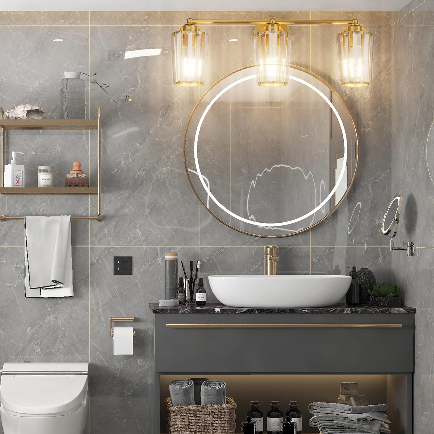 Aipsun Crystal Vanity Lighting Fixtures 3 Light Bathroom Vanity Light Gold Light Fixtures Over Mirror (Exclude Bulb)