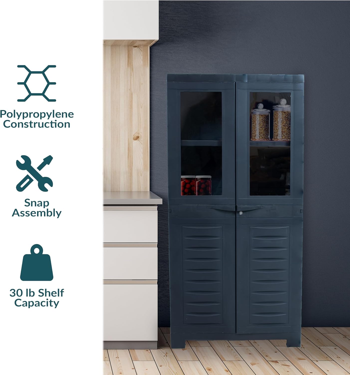 Sunnydaze 48.75' H Resin Garage Storage Cabinet - Garage Cabinet with 2 Acrylic Glass Doors - Freestanding Utility Storage for Laundry Room, Office, Basement - Charcoal