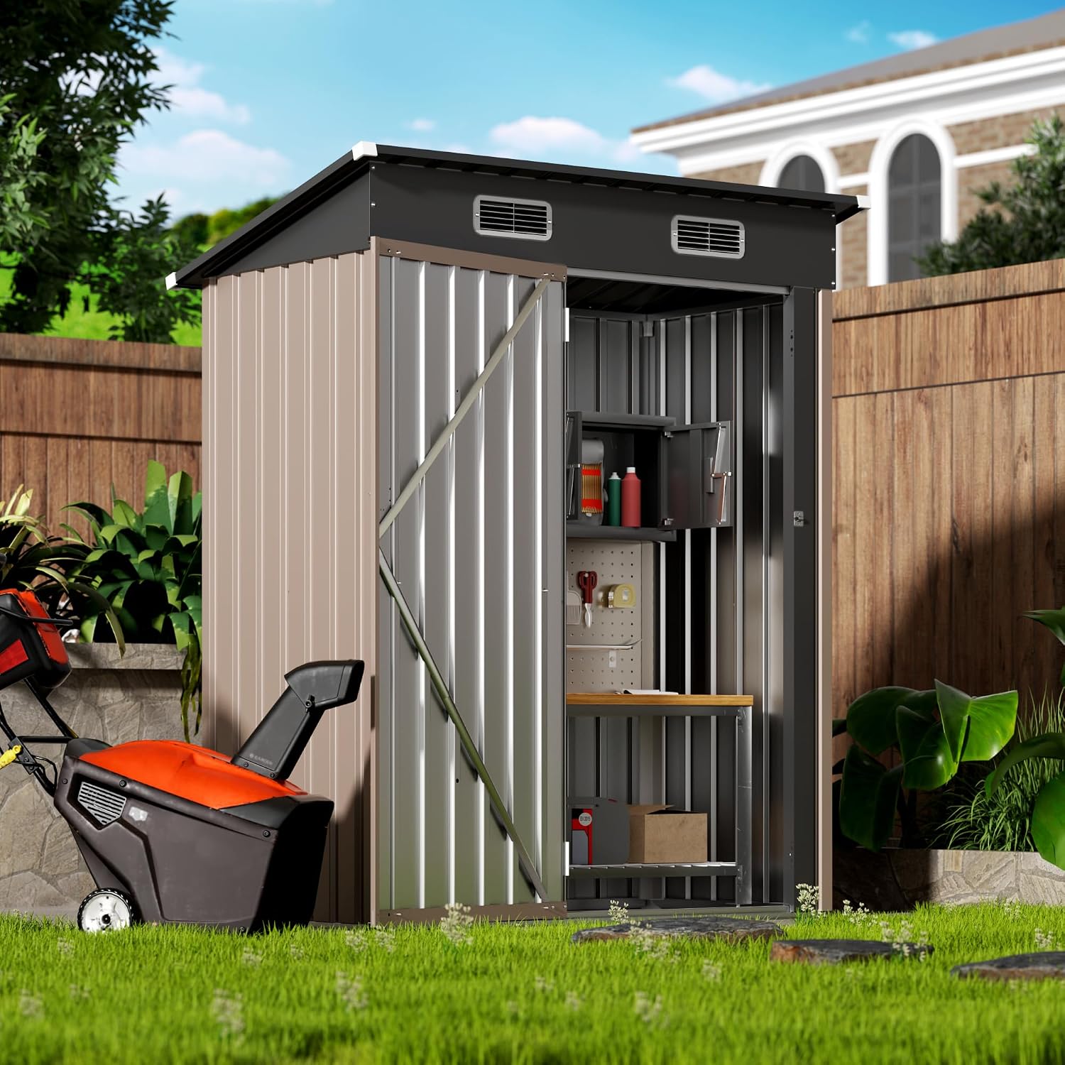 Lockable Metal Garden Shed, 5x2.5 FT Outdoor Metal Storage Sheds Multi-Used, Vertical Outdoor Steel Storage Sheds, Compact Metal Tool