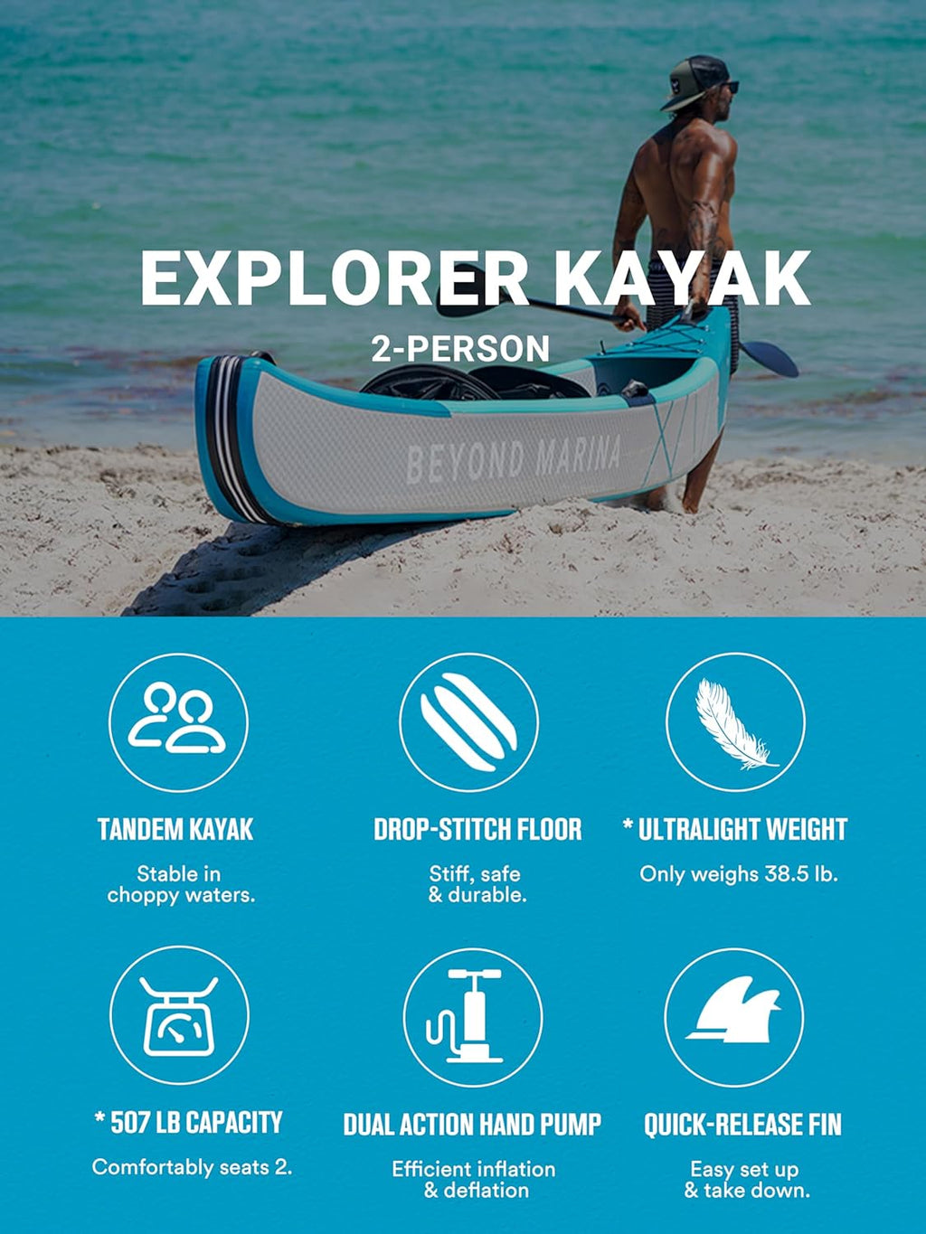 BEYOND MARINA Inflatable Kayak 1 & 2 & 3 Person Adult- Full Drop Stitch Kayak with Aluminum Paddles, Seats, Footrests, Pump, Fins