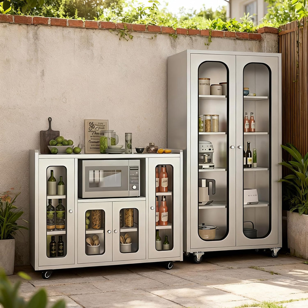 ZZV 68' Tall Stainless Steel Storage Cabinet with Wheels, Fully Assembled 5-Tier Kitchen Pantry Cabinet with Glass Doors for Garage, Utility Room, Laundry Room, Restaurant, Cafe, and Outdoor