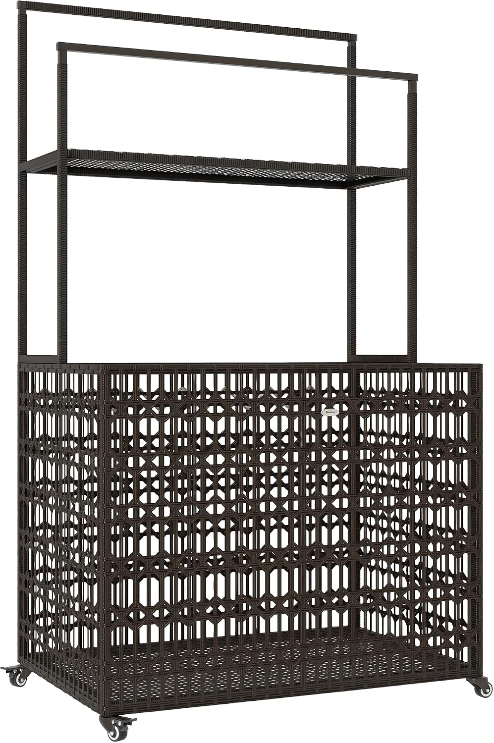 Outsunny Wicker Pool Float Storage Organizer, PE Rattan Pool Float Holder with Basket Shelf Towel Bars, Rolling Pool Caddy for Floaties, Noodles, Life Vests, Beach Balls, Brown