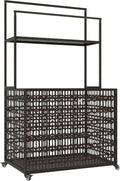 Outsunny Wicker Pool Float Storage Organizer, PE Rattan Pool Float Holder with Basket Shelf Towel Bars, Rolling Pool Caddy for Floaties, Noodles, Life Vests, Beach Balls, Brown
