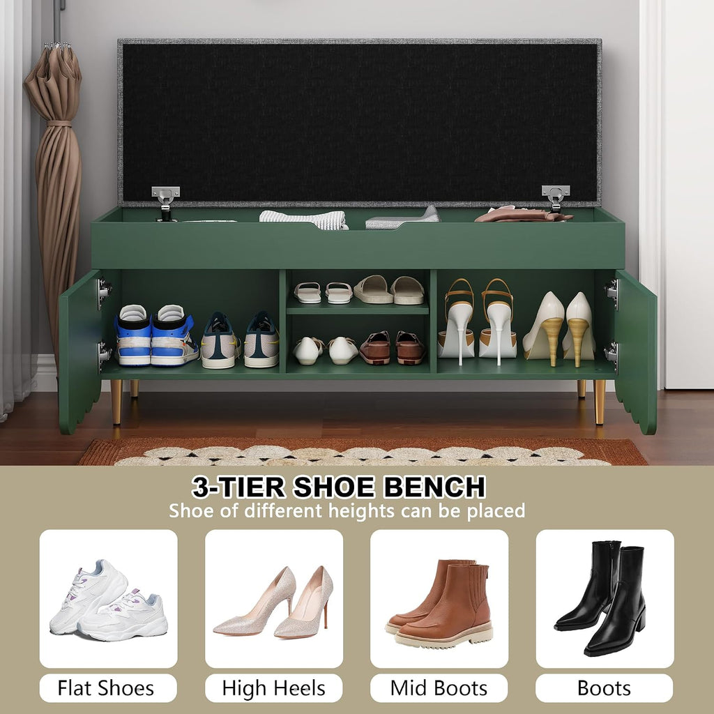 3More 40' Entryway Shoe Storage Bench,Upholstered Hidden Space Beneath Seat Cushion Bench,2-Tier Unique Geometric Shape with Wood Grain,Green