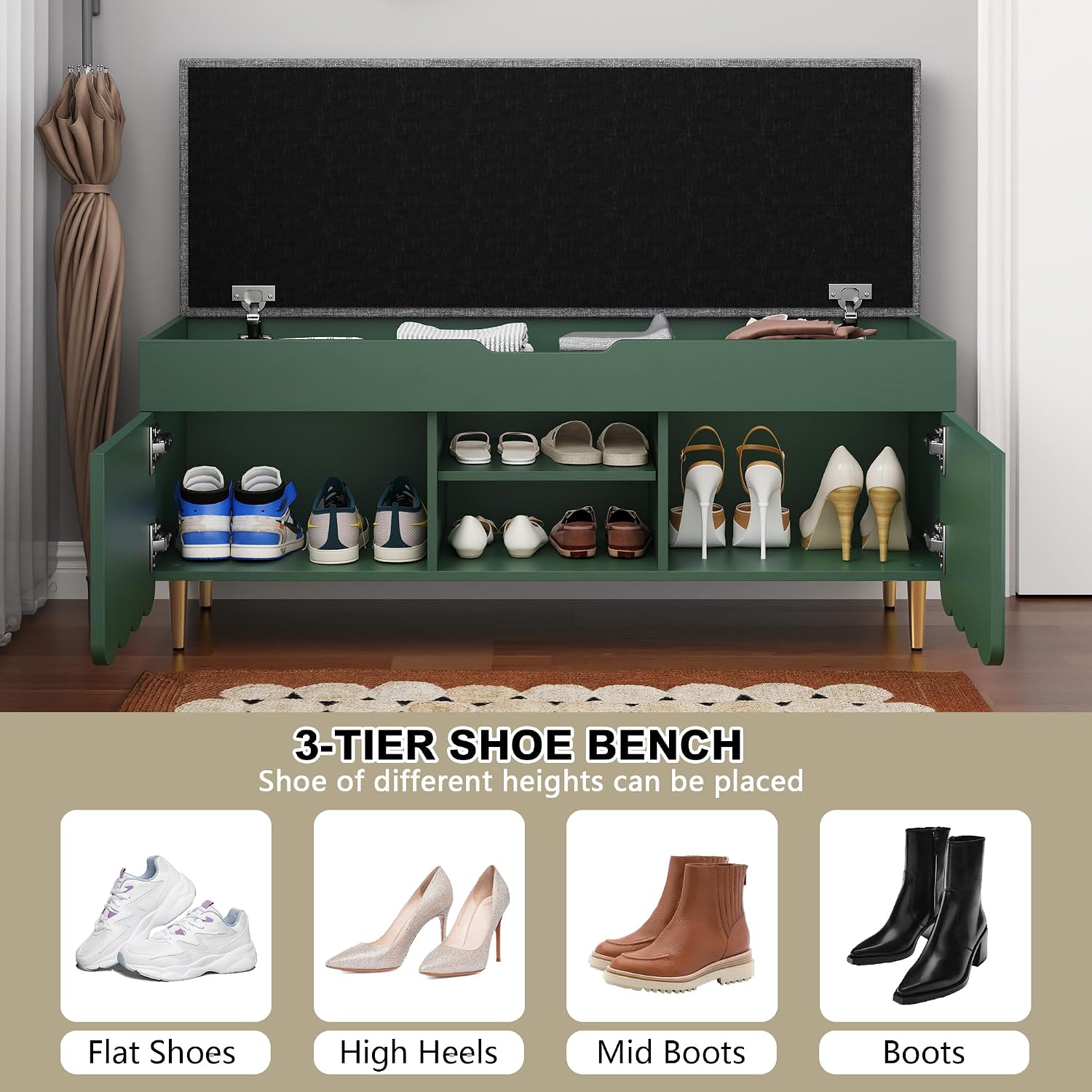 3More 40' Entryway Shoe Storage Bench,Upholstered Hidden Space Beneath Seat Cushion Bench,2-Tier Unique Geometric Shape with Wood Grain,Green
