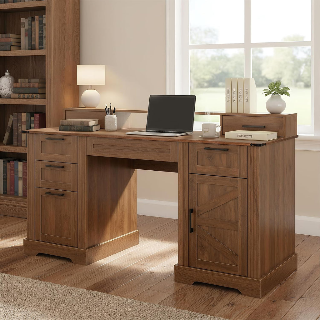 RiteSune 59.5' Farmhouse Computer Desk with USB Charging Station, Fixed Monitor Stand with Drawers, Keyboard Tray & File Cabinet, Home Office Writing Desk with Large Storage