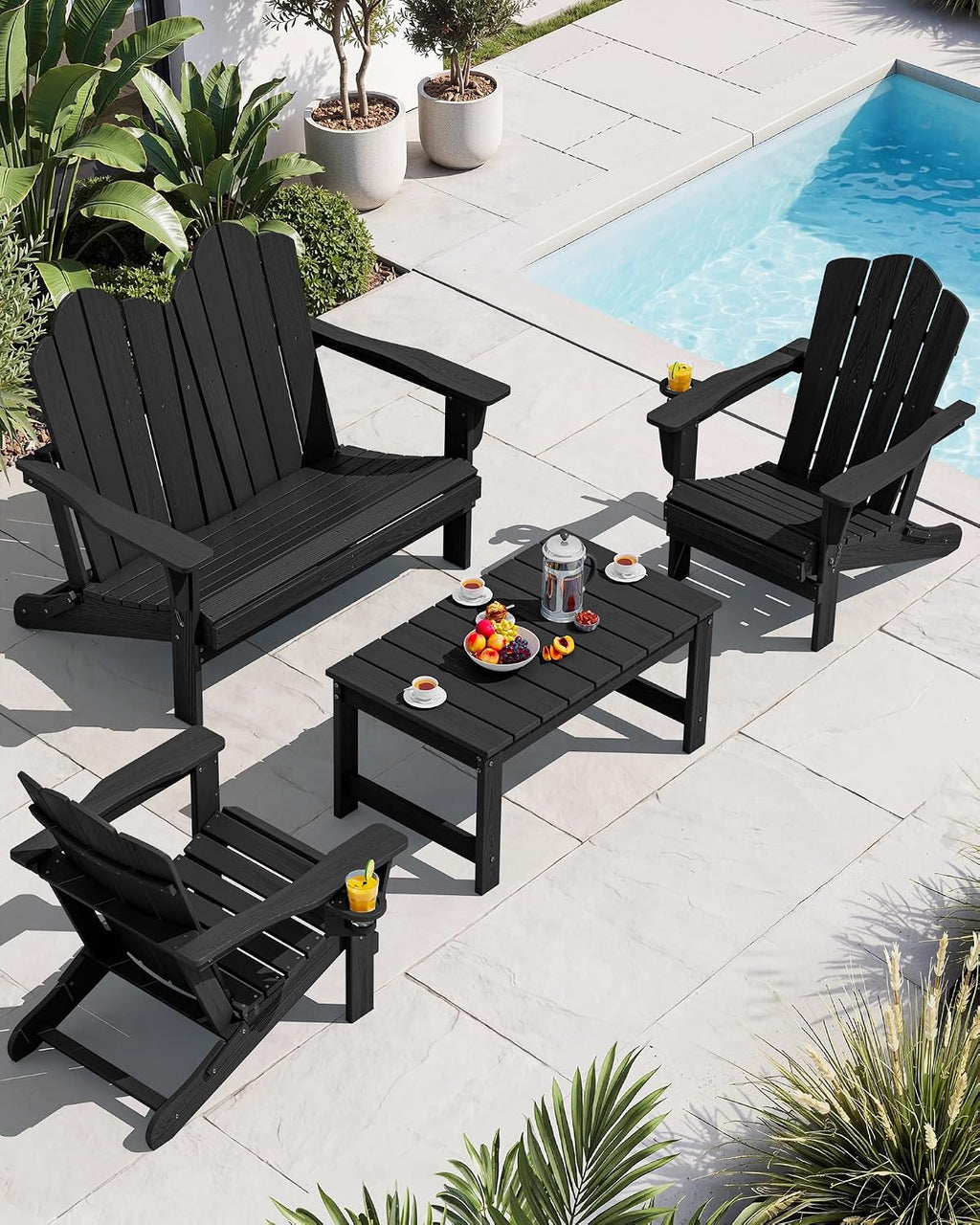 SERWALL 4 Pieces HDPE Patio Adirondack Chair Set, 2 Adirondack Chair with Cup Holder & 1 Adirondack Bench & 1 Coffee Table with Umbrella Hole, Black