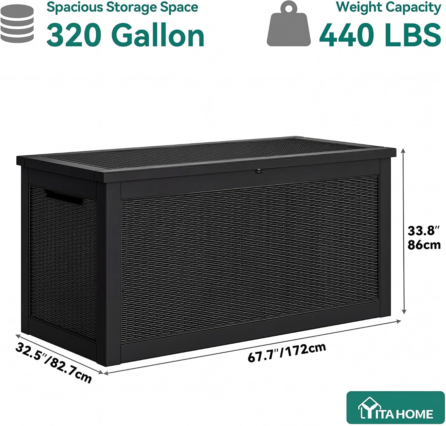 YITAHOME 320 Gallon Outdoor Storage Box, Large Water Resistant Resin Deck Box, Indoor Outdoor Lockable Storage Container for Patio, Garden, Cushions, Tools, Equipment(Black)