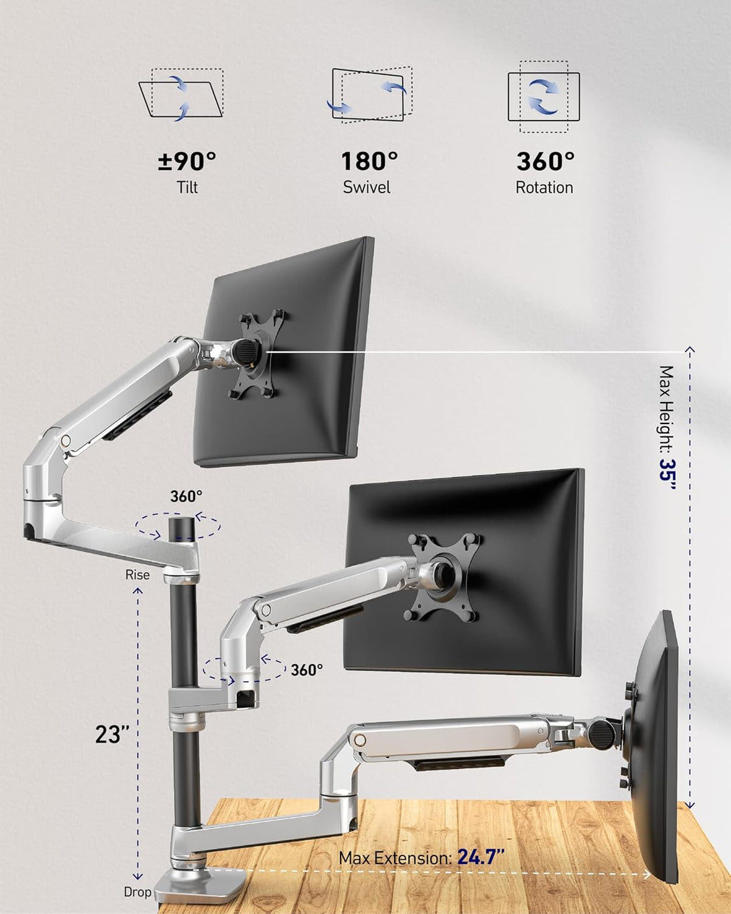 Ergounion Heavy Duty Triple Monitor Mount, Mechanical Spring 3 Monitor Arm for Ultrawide & Curved Screens, Fits Three 13-40 Inch Displays up to 25 lbs Per Arm, Premium Aluminum VESA Stand, Silver