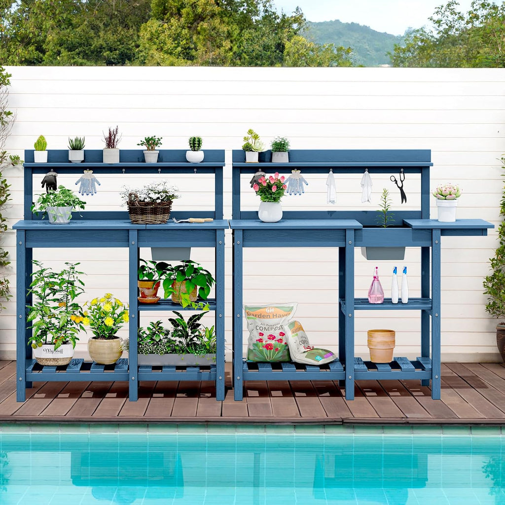 SERWALL Outdoor Potting Bench with Removeable Sink,Rot-Resistant HDPE Potting Table for Outside Gardening, All Weather Use - Blue