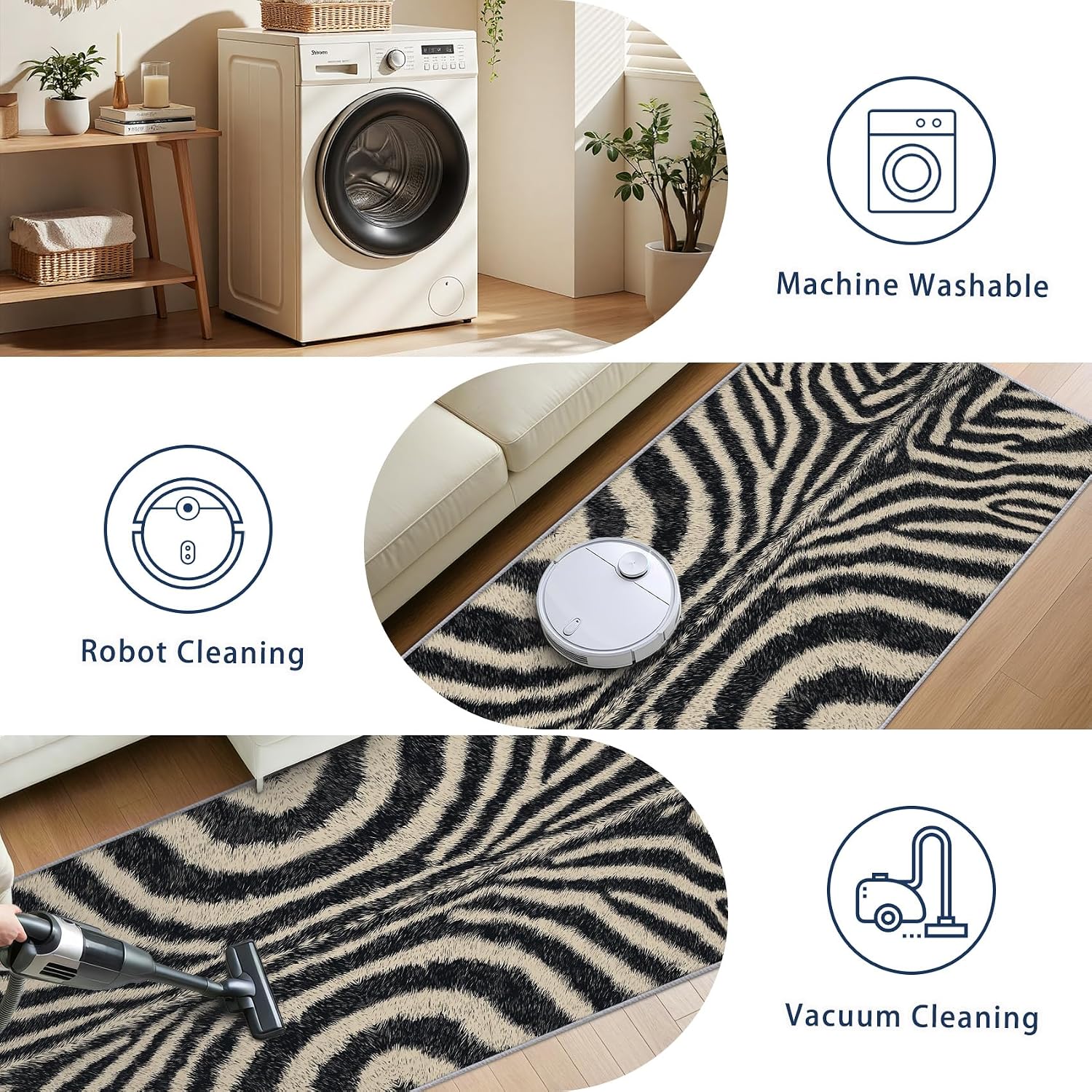 Zebra Print Rug Runner 3x10 - Washable Non Slip Runner Rug for Hallway - Zebra Skin Kitchen Rugs - Animal Print Wildlife Carpet Runners for Hallway, Laundry Room, Bedroom, Bathroom