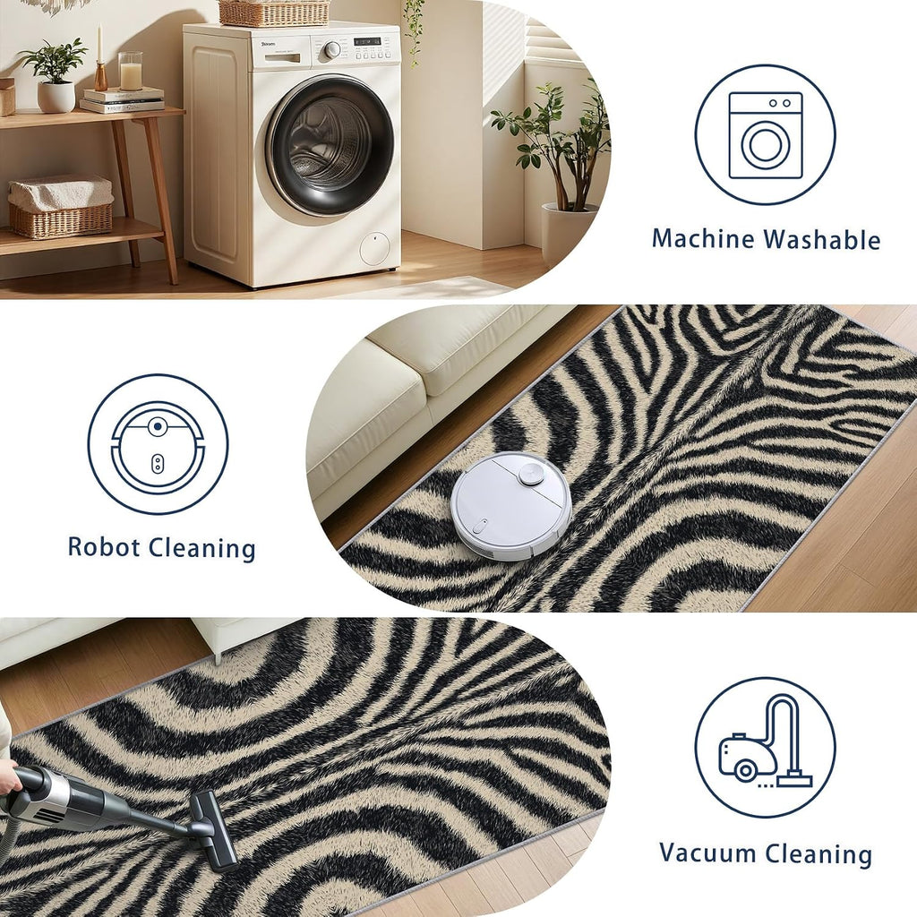 Zebra Print Rug Runner 4x10 - Washable Non Slip Runner Rug for Hallway - Zebra Skin Kitchen Rugs - Animal Print Wildlife Carpet Runners for Hallway, Laundry Room, Bedroom, Bathroom