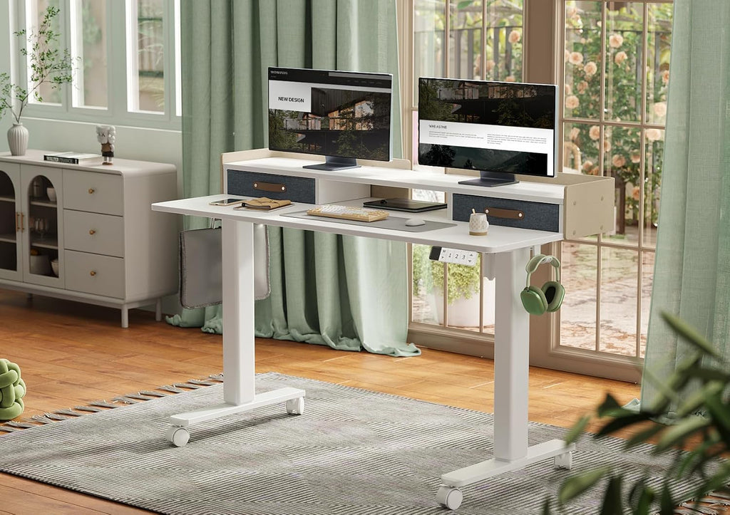 YDN Electric Standing Desk with Drawers, Adjustable Height Stand Up Desk, 63 inch Electric Sit Stand Computer Desk for Home Office, White