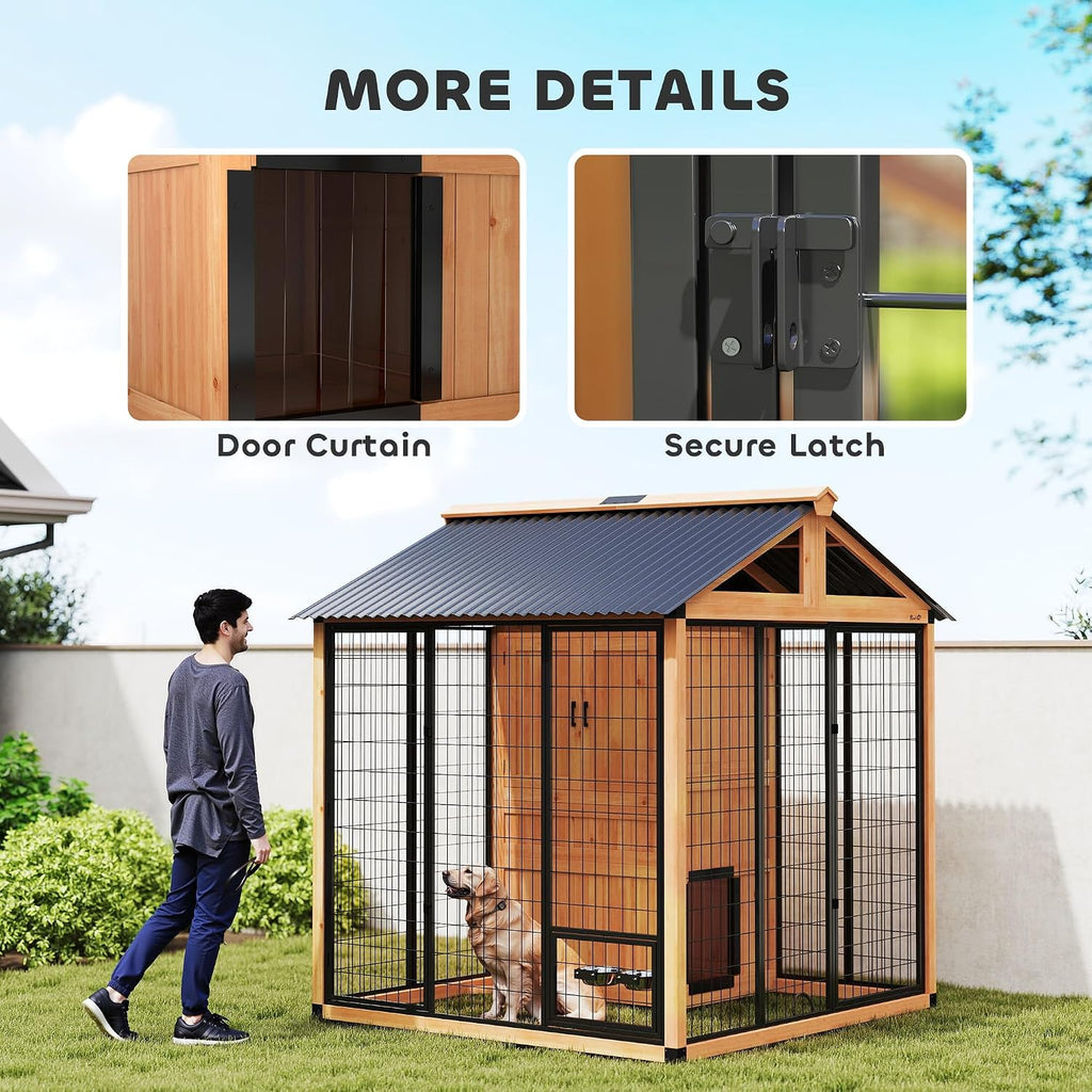 PawHut 7' x 6' Extra Large Outdoor Dog Kennel, Walk-in Wood Dog House with Internal Storage Cabinet, Pet Shelter with Waterproof Roof, Stainless Steel Bowls, Feeding Door for Large Breeds, Yellow